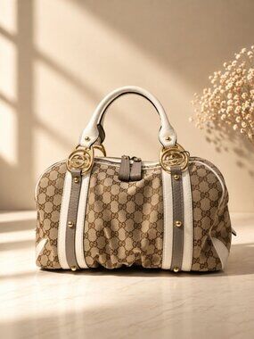 Authentic Gucci GG Canvas Boston Bag Brown Monogram Satchel White Leather
